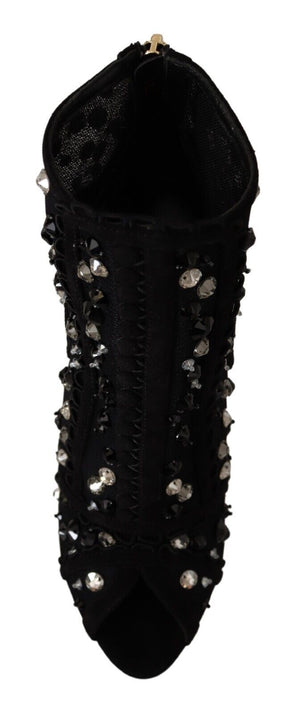 Schwarz Kristalle Heels Reißverschluss Kurze Stiefel Schuhe