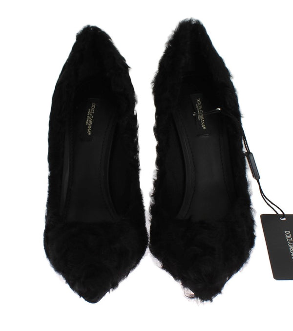 Schwarze Xiangao Lammfell Leder Pumps