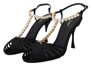 Schwarz Satin Klar Kristall T-strap Sandale Schuhe