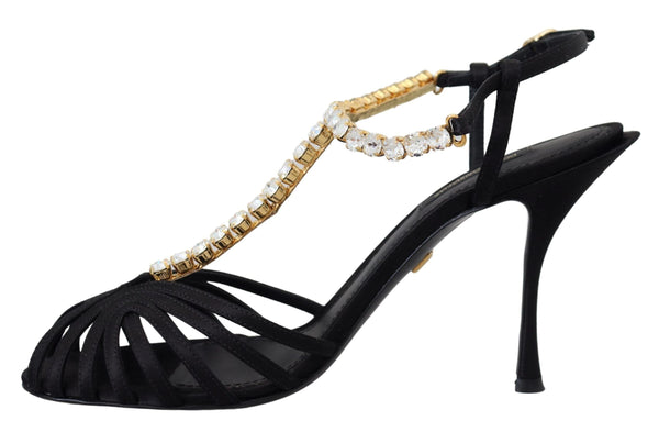 Schwarz Satin Klar Kristall T-strap Sandale Schuhe