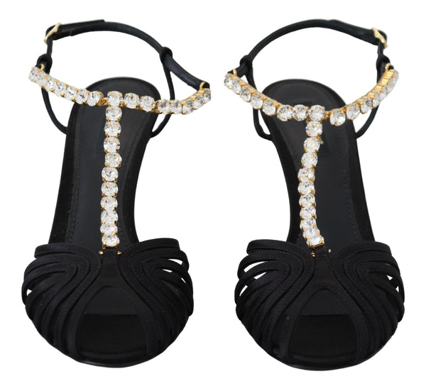 Schwarz Satin Klar Kristall T-strap Sandale Schuhe