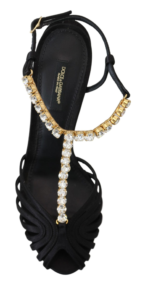 Schwarz Satin Klar Kristall T-strap Sandale Schuhe