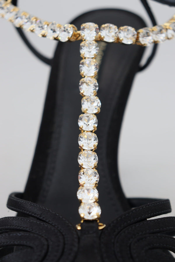 Schwarz Satin Klar Kristall T-strap Sandale Schuhe