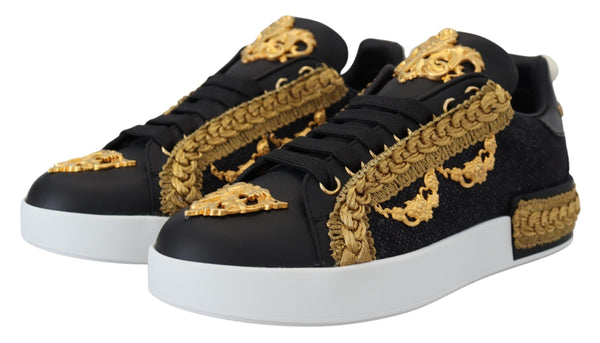 Schwarz Gold Barock Portofino Leder Turnschuhe Schuhe