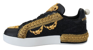Schwarz Gold Barock Portofino Leder Turnschuhe Schuhe