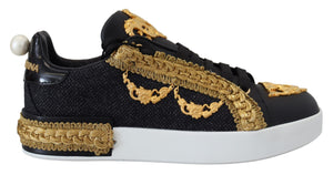Schwarz Gold Barock Portofino Leder Turnschuhe Schuhe