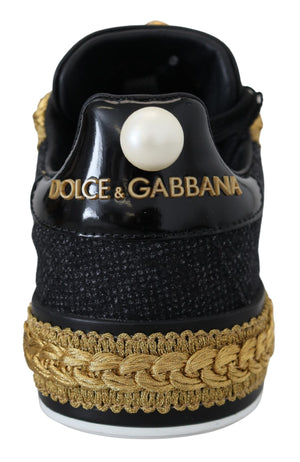 Schwarz Gold Barock Portofino Leder Turnschuhe Schuhe
