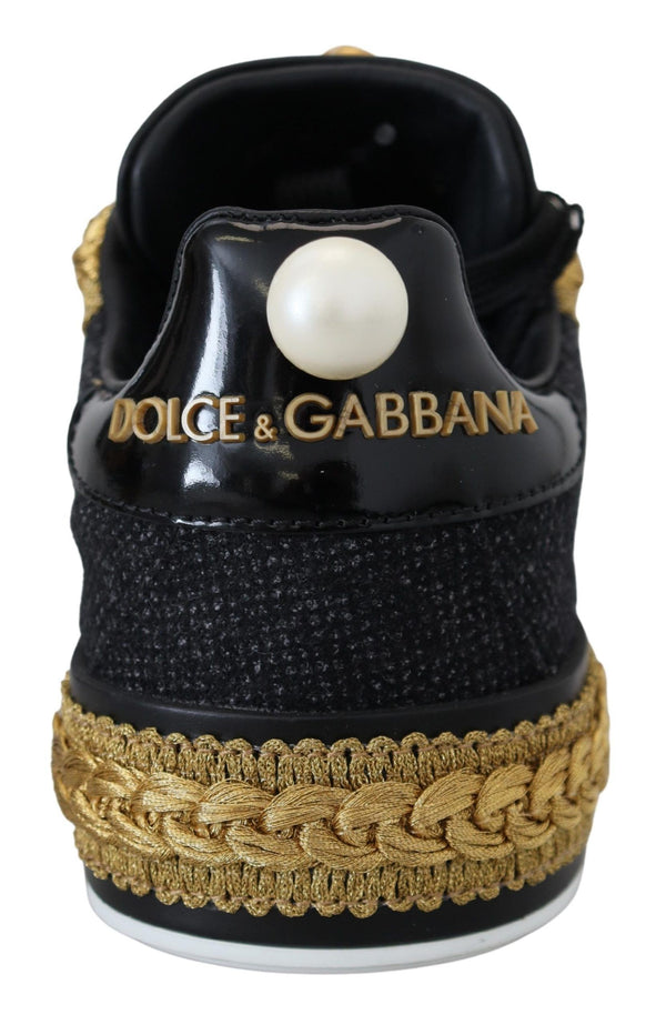 Schwarz Gold Barock Portofino Leder Turnschuhe Schuhe