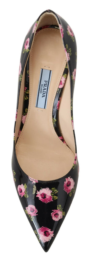 Schwarzes Leder Floral Heels Stilettos Pumps