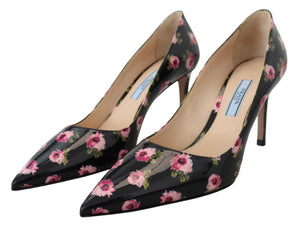 Schwarzes Leder Floral Heels Stilettos Pumps