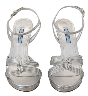 Silberne Leder-Sandalen Knöchelriemen-Absätze Stiletto