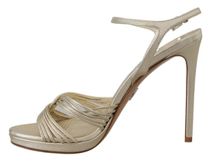 Goldene Leder-Sandalen Knöchelriemen-Absätze Stiletto-Sandale