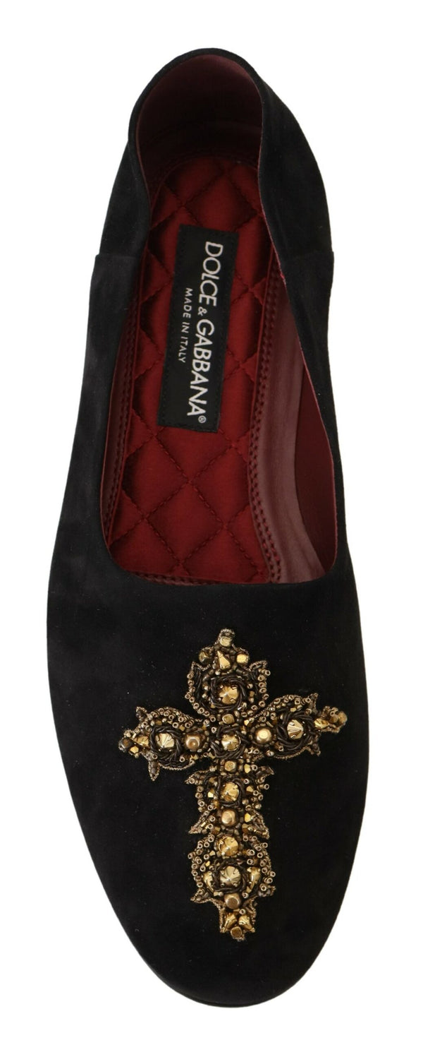 Schwarz Wildleder Gold Kreuz Slip On Loafers Schuhe