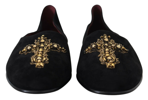 Schwarz Wildleder Gold Kreuz Slip On Loafers Schuhe