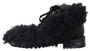 Schwarz Leder Combat Shearling Stiefel Schuhe