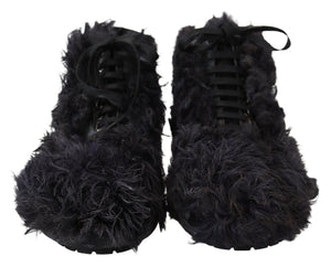 Schwarz Leder Combat Shearling Stiefel Schuhe