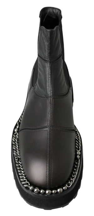 Schwarze Leder-Slipper mit Stretch-Stiefeln