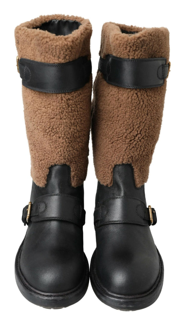 Schwarz Leder Braun Shearling Stiefel