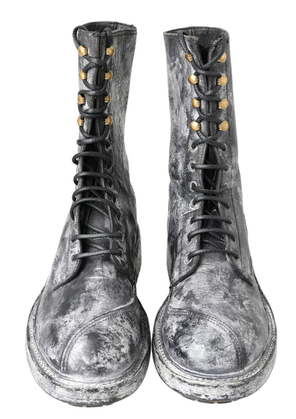 Schwarz Gray Leder Mid Calf Stiefel Schuhe