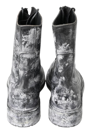 Schwarz Gray Leder Mid Calf Stiefel Schuhe