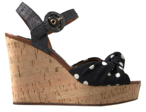 Schwarze Keile Gepunktete Knöchelriemen Schuhe Sandalen