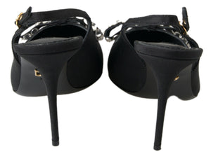 Schwarze kristallverzierte Schuhe mit Slingback-Absatz