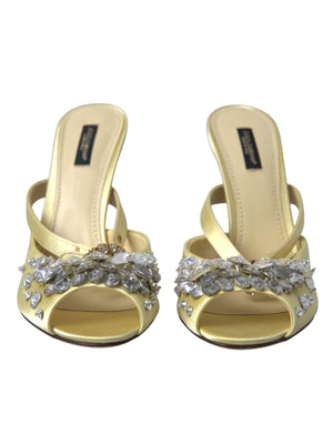 Gelbe Satin-Kristall Mary Janes Sandalen