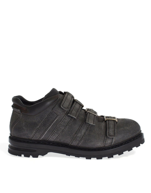 Graue Leder Knöchelriemen Schuhe Stiefel