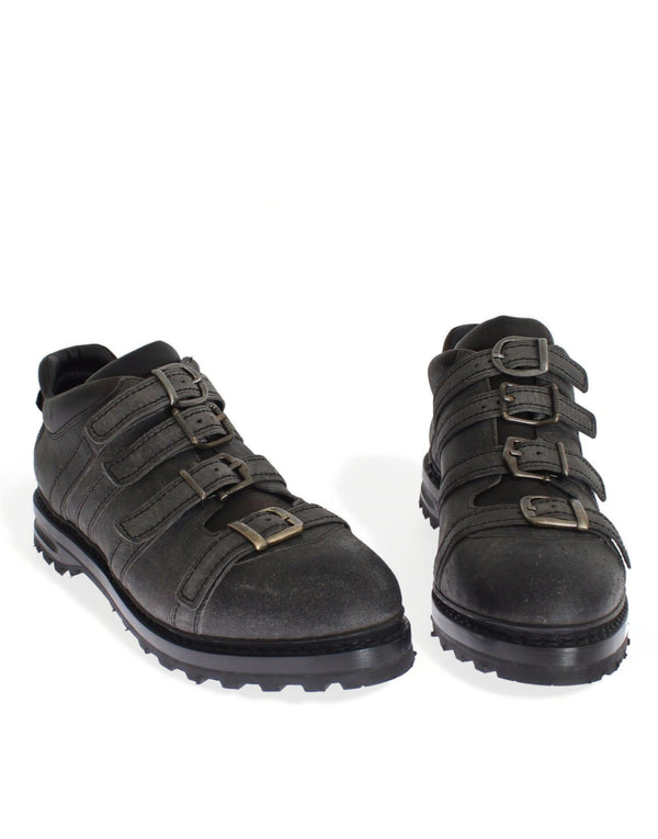 Graue Leder Knöchelriemen Schuhe Stiefel