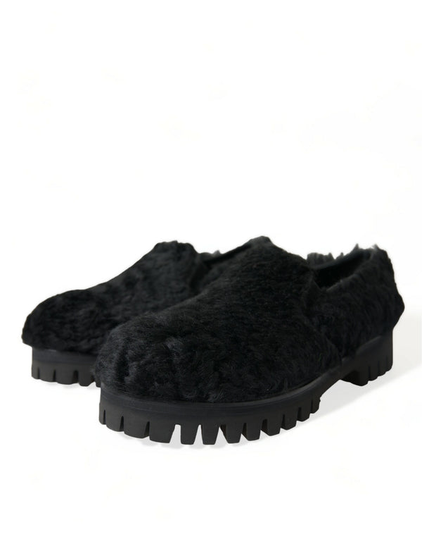 Schwarz Pelz Leder Hausschuhe Kleid Schuhe