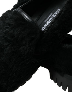 Schwarz Pelz Leder Hausschuhe Kleid Schuhe