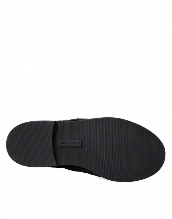 Schwarze Pelz Leder Schnürschuhe Derby Dress