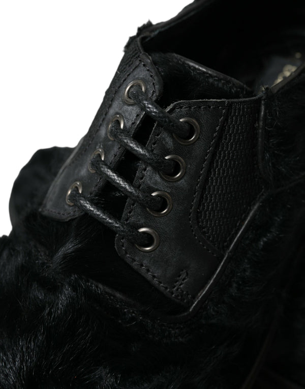 Schwarze Pelz Leder Schnürschuhe Derby Dress
