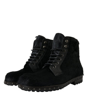 Schwarze Pony Style Leder Mid Calf Stiefel Schuhe