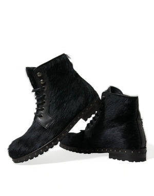 Schwarze Pony Style Leder Mid Calf Stiefel Schuhe