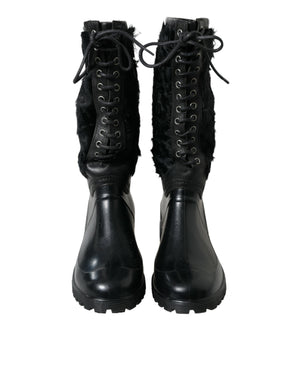 Schwarze Gummischnürsenkel Shearling Regenstiefel Schuhe