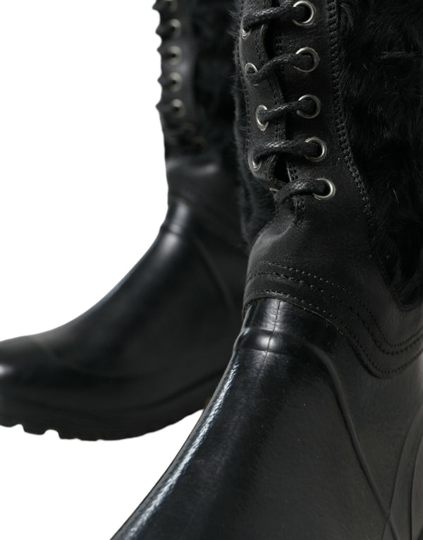 Schwarze Gummischnürsenkel Shearling Regenstiefel Schuhe