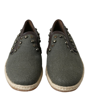 Graue Leinen Leder Nieten Loafers Schuhe