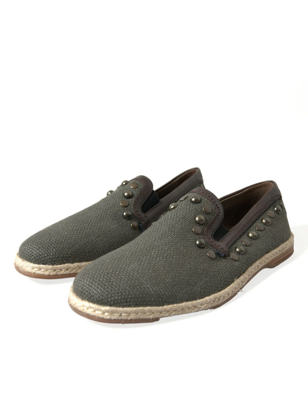 Graue Leinen Leder Nieten Loafers Schuhe