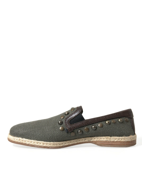 Graue Leinen Leder Nieten Loafers Schuhe