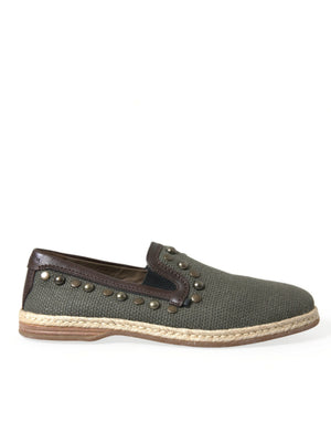 Graue Leinen Leder Nieten Loafers Schuhe