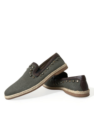 Graue Leinen Leder Nieten Loafers Schuhe