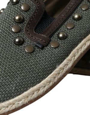 Graue Leinen Leder Nieten Loafers Schuhe