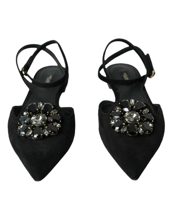 Schwarzes Leder Kristall Slingback Sandalen Schuhe
