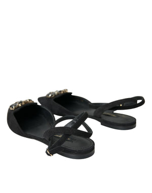 Schwarzes Leder Kristall Slingback Sandalen Schuhe