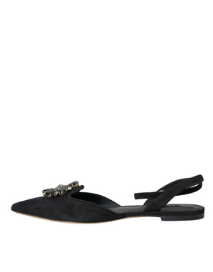 Schwarzes Leder Kristall Slingback Sandalen Schuhe