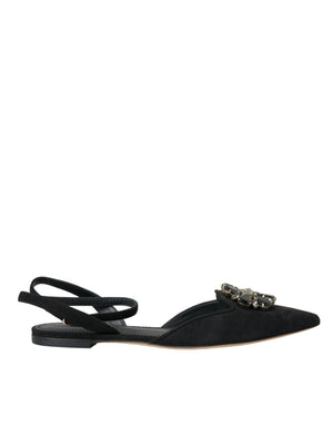 Schwarzes Leder Kristall Slingback Sandalen Schuhe