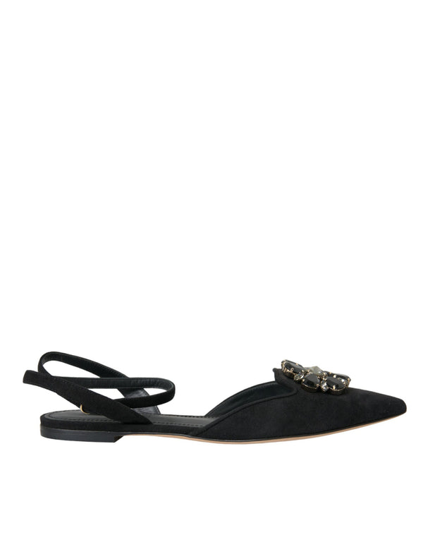 Schwarzes Leder Kristall Slingback Sandalen Schuhe
