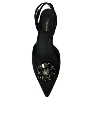 Schwarzes Leder Kristall Slingback Sandalen Schuhe