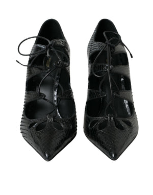 Schwarz Python Leder Mary Jane Pumps Schuhe